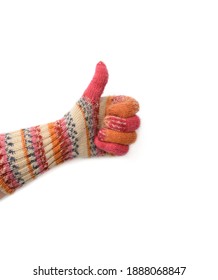 hand in knitted mitten isolated on white background, like gesture