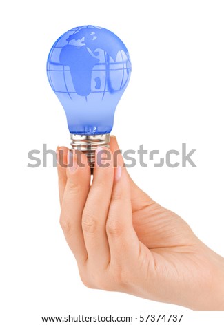 Hand and lamp with globe isolated on white background