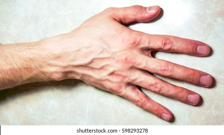 Hand Lay Horizontal On Table. Right Hand With Five Fingers And Neat Flat Nails On The Back Of His Hand Up. Successful Businessman Lay His Hand On Table