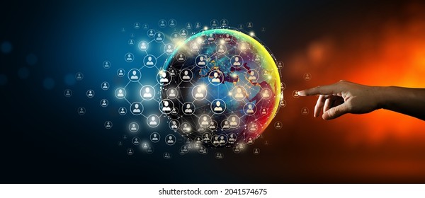 Hand Leading Global Network Connection And Data Exchange With Abstract Background. Communication Technology For Internet Business And Social Network Concept. Elements Furnished By NASA.