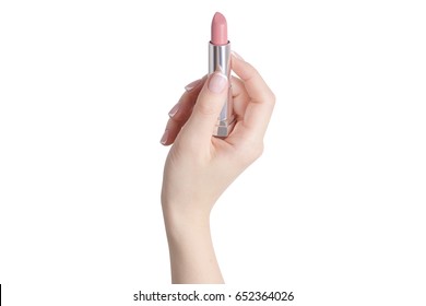 Hand with lipstick on white background isolation