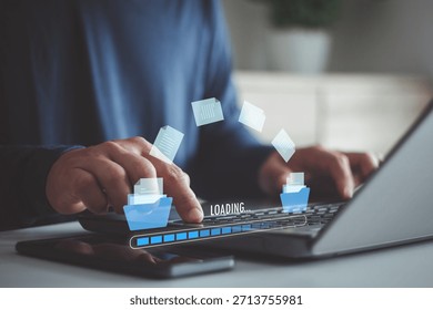 Hand loading of document for send of document on internet. DMS. Data transfer, Transfer file of data between folder, Backup data, Exchange of file on folder, Virtual document loading to another folder