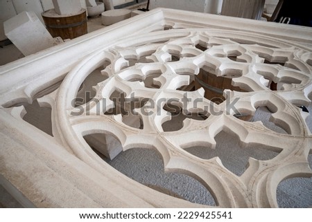 Hand made objects in stonemason academy in the town of Pucisca, located on Brac island, Croatia, all made from native, white stone from the island quarry