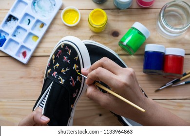 Hand Made Painted Canvas Shoes With Acrylic Paint And Paintbrush