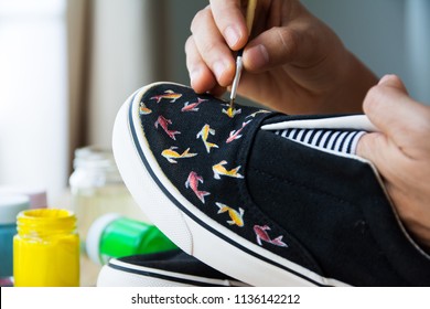 Hand Made Painted Canvas Shoes With Acrylic Paint And Paintbrush