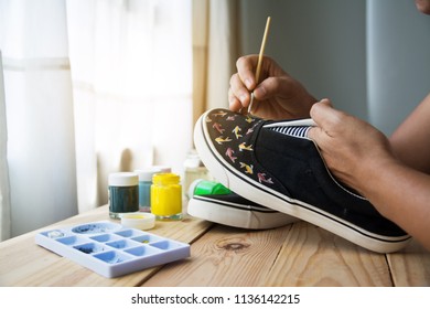 Hand Made Painted Canvas Shoes With Acrylic Paint And Paintbrush