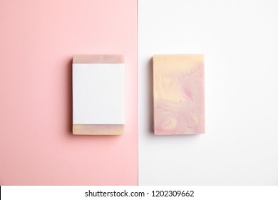 Hand Made Soap Bars On Color Background, Top View. Mockup For Design