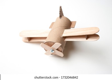 Hand Made Toy Aircraft From Toilet Roll And Sticks. Diy For Kids And Parents.