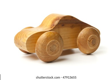 Hand Made Wood Toy Car. Isolated On White Background.