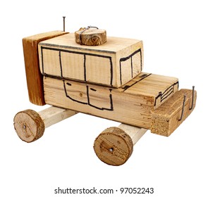 Hand Made Wooden Toy Car Isolated On White Background