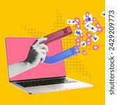 Hand with magnet attracting social media icons from laptop screen. Contemporary art. Visual for influencer marketing platforms to attract content creators. Digital marketing, online services concept