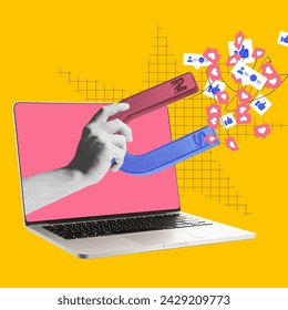 Hand with magnet attracting social media icons from laptop screen. Contemporary art. Visual for influencer marketing platforms to attract content creators. Digital marketing, online services concept - Powered by Shutterstock