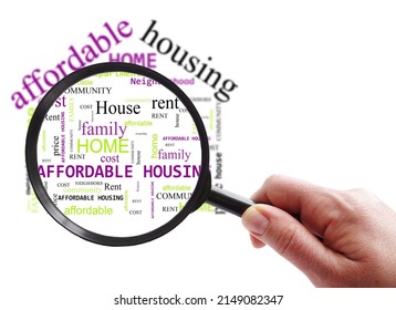 Hand with magnifying glass looking at Affordable Housing word cloud, on white background with copy space