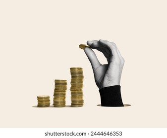 A hand makes stacks of coins. Art collage. - Powered by Shutterstock