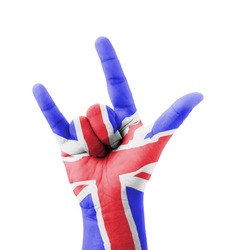 Hand Making I Love You Sign, UK (United Kingdom) Flag Painted, Multi Purpose Concept - Isolated On White Background