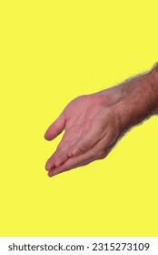 hand making peace and love gesture raising hand isolated on yellow background - Shutterstock ID 2315273109