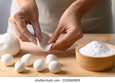 Hand Making Tangyuan, Chinese Dessert Made Of Ball Glutinous Rice Flour