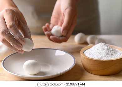 Hand Making Tangyuan, Chinese Dessert Made Of Ball Glutinous Rice Flour, Sweet Rice Ball