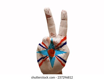 Hand Making The V Sign Assyrian People Flag Painted