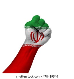 Hand making victory sign, iran painted with flag as symbol of victory, resistance, fight, power, protest, success - isolated on white background
