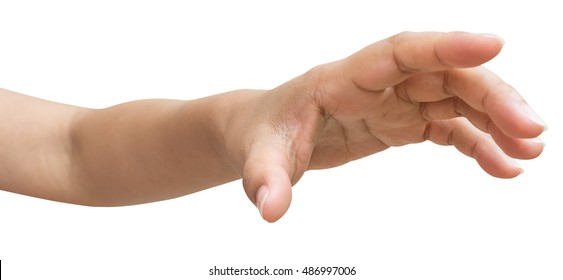Hand of male or female try to reach something isolated on white background, Clipping path included. - Shutterstock ID 486997006