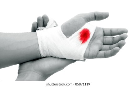 Hand Of A Man With Bloody Gauze On It