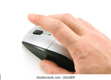 Hand Of A Man Clicking A Mouse Button, Top View, Isolated On White, Focus On The Finger