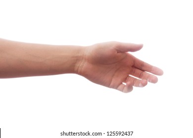 Hand of a man to hold card, mobile phone, tablet PC or other palm gadget, isolated on white - Shutterstock ID 125592437