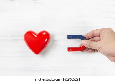 Hand of Man hold Magnet attracting Red Heart on white wood background. Love Concept with Copy Space.