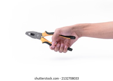 The Hand Of A Man Is Holding A Black Yellow Pliers Isolated On The White Background