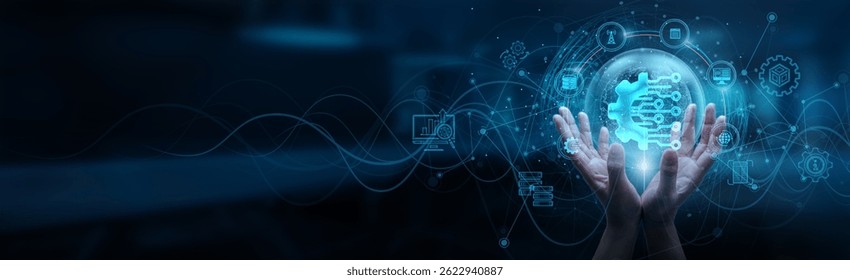Mano de la mano de la conexión de red de digitalización global, captura de datos, optimización de procesos de transformación digital, computación en la nube, análisis de inteligencia artificial, automatización y conectividad.