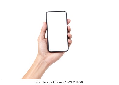 Hand man holding mobile smartphone with blank screen isolated on white background with clipping path - Shutterstock ID 1543718399