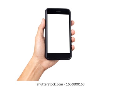 Hand man holding mobile smartphone with blank screen isolated on white background with clipping path - Shutterstock ID 1606800163