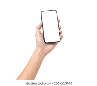 Hand man holding mobile smartphone with blank screen isolated on white background with clipping path - Shutterstock ID 1667513446