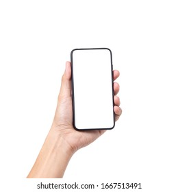 Hand, die ein Mobiltelefon mit weißem Bildschirm hält einzeln auf weißem Hintergrund mit Beschneidungspfad