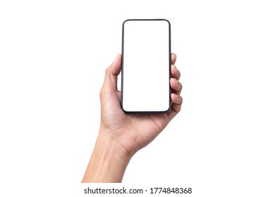 Hand man holding mobile smartphone with blank screen isolated on white background with clipping path - Shutterstock ID 1774848368
