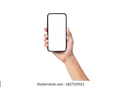 Hand man holding mobile smartphone with blank screen isolated on white background with clipping path - Shutterstock ID 1827159311