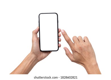 Hand man holding mobile smartphone with blank screen isolated on white background with clipping path - Shutterstock ID 1828602821