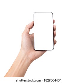 Hand man holding mobile smartphone with blank screen isolated on white background with clipping path - Shutterstock ID 1829004434