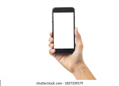 Hand man holding mobile smartphone with blank screen isolated on white background with clipping path - Shutterstock ID 1837339579