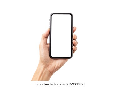 Hand man holding mobile smartphone with blank screen with space for inserting advertising text. isolated on white background with clipping path - Shutterstock ID 2152035821