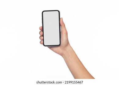 Hand man holding mobile smartphone with blank screen with space for inserting advertising text. isolated on white background with clipping path - Shutterstock ID 2199155467