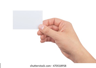 Hand Of Man Holding Paper Card Isolated On White Background, Business Card Showing