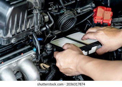 Hand A Man Input New Air Filter Of Car Engine In Engine Room Basic Concept In Maintenance Of A Car 