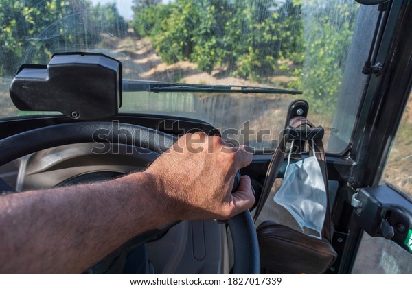 The hand of a man on a steering wheel of a\
tractor. Through the window you can see the orange trees. There is\
a mask hanging on the\
tractor