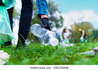 Hand of man picking up bottle into garbage bags while cleaning area in park. Volunteering, charity, people, ecology concept. Closeup volunteer collecting plastic trash in forest. World clean up m day