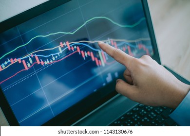 Hand Of Man Point  To The Laptop Show Financial Market Chart Graphic Going Down.  Stock Market Concept.