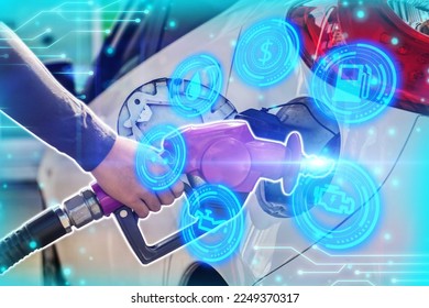 Hand Man Refill and filling Oil Gas Fuel at station.Gun petrol in the tank to fill.Fuel pump at station, Futuristic oil fueling concept modern icon.
