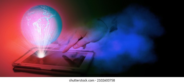 hand of man use tablet computer to enter cyberspace of metaverse then 3d graphoc globe hologram appear