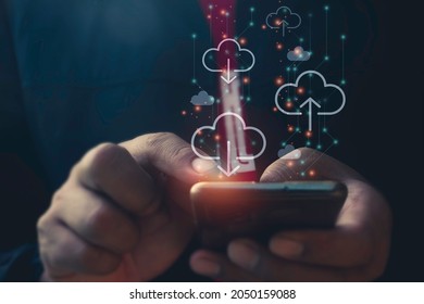 Hand man using mobile phone for doing cloud uploading data on the Internet online.network,media,keyword,Digital Web,Photo concept information and Technology. - Shutterstock ID 2050159088